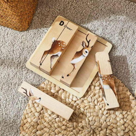 Puzzle Cuburi din Lemn cu Animale – 4 în 1 Educațional Montessori (Vulpe, Bufniță,  Iepure, Căprioară) pentru Copii [1]