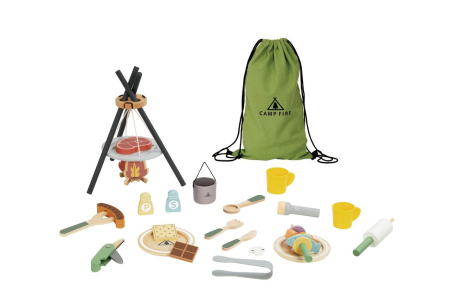 Noutăți - Set de camping și grătar din lemn pentru copii – joc de rol cu foc de tabără, alimente și accesorii