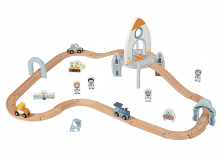 2 ani+ - Set Tren Spațial cu șine, astronauți, navetă și figurine tematice din Lemn