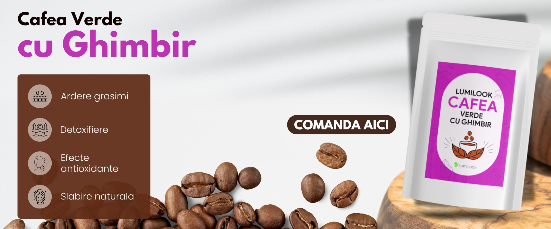 LumiLook Cafea Verde cu Ghimbir, Slabire naturala, detoxifiere, energie, ardere grasimi, efecte antioxidante, antidepresive si reglare digestie, 300 gr