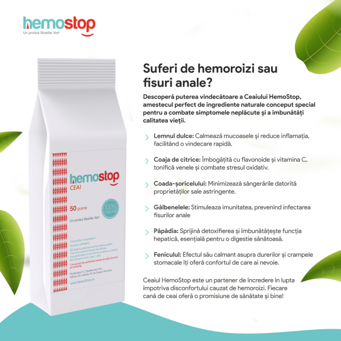 Ceai pentru hemoroizi, HemoStop, 50gr, cu efect antiinflamator, tonic venos, antioxidant [6]