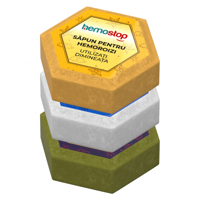 Pachet de sapunuri pentru hemoroizi, HemoStop   pentru dimineata, zi si noapte, 3x100g