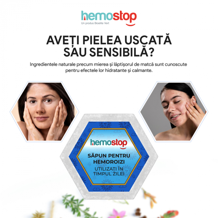 Sapun pentru hemoroizi, HemoStop® pentru utilizare in cursul zilei, hidratare intensa si regenerare celulara, 100g [8]