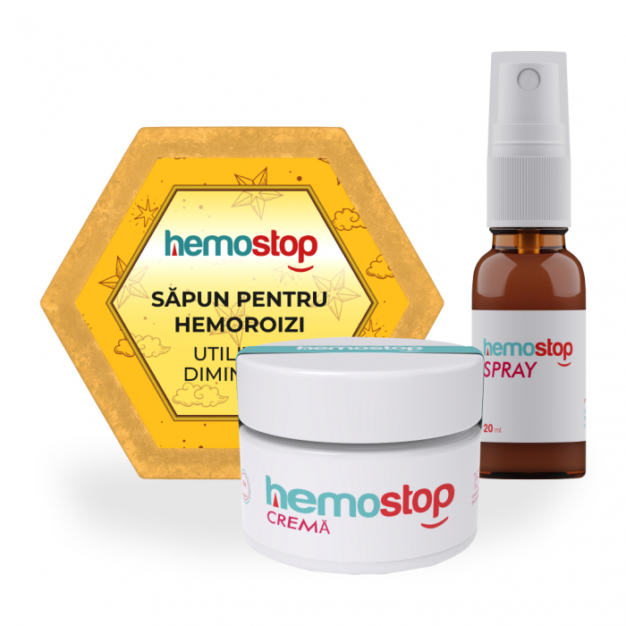 Set HemoStop   Dinamic, pentru oamenii in miscare, crema, spray, sapun pentru hemoroizi si fisuri anale