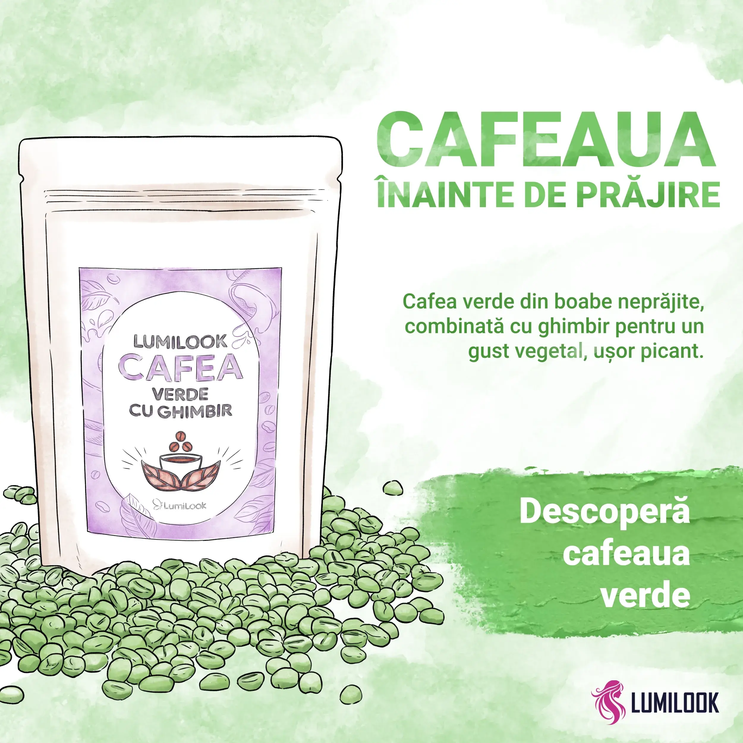 LumiLook Cafea Verde cu Ghimbir, Slabire naturala, detoxifiere, energie, ardere grasimi, efecte antioxidante, antidepresive si reglare digestie, 300 gr [1]