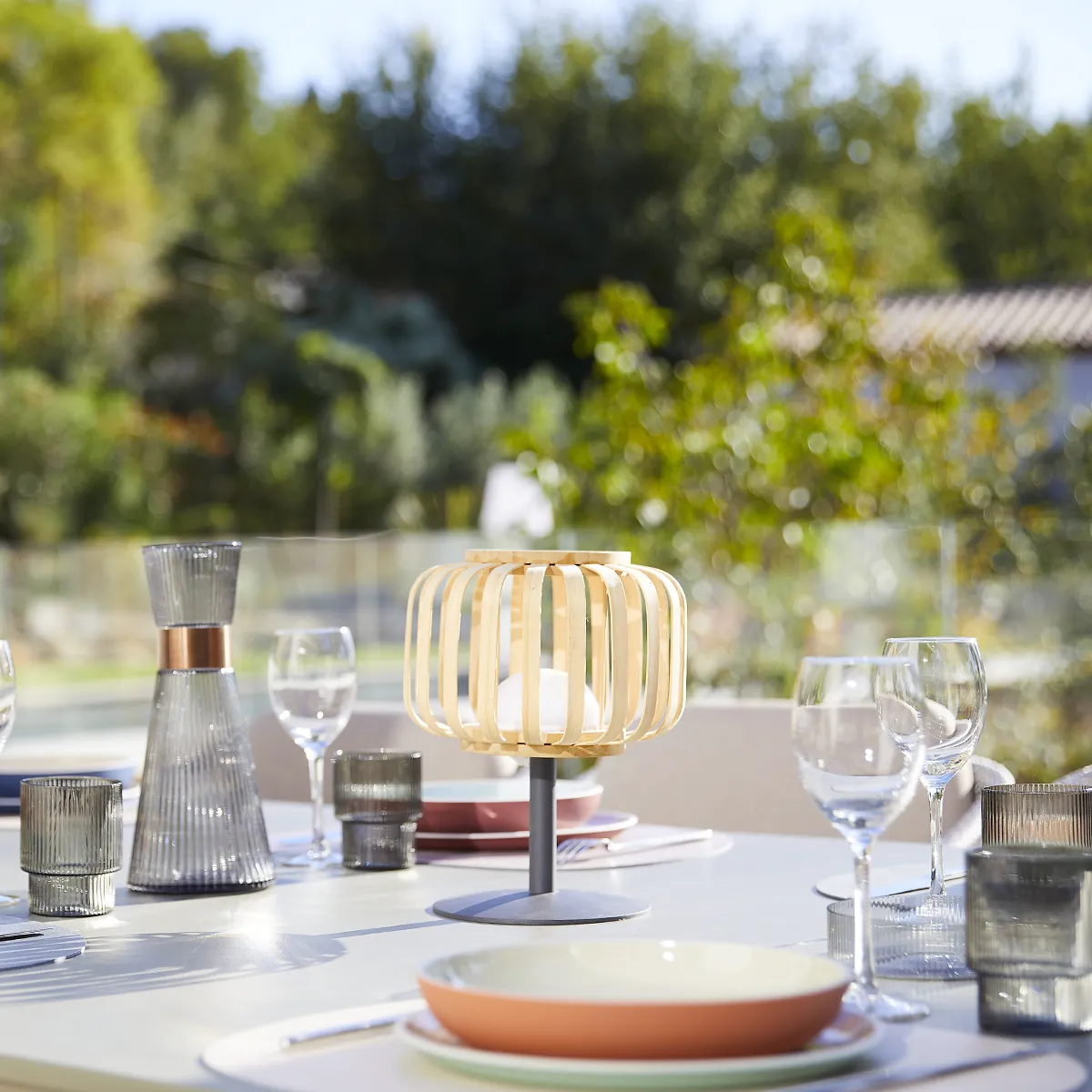 lampa de masa bambus fara fir wireless cu baterie reincarcabila de exterior ip65 LED restaurant hotel terasa [2]