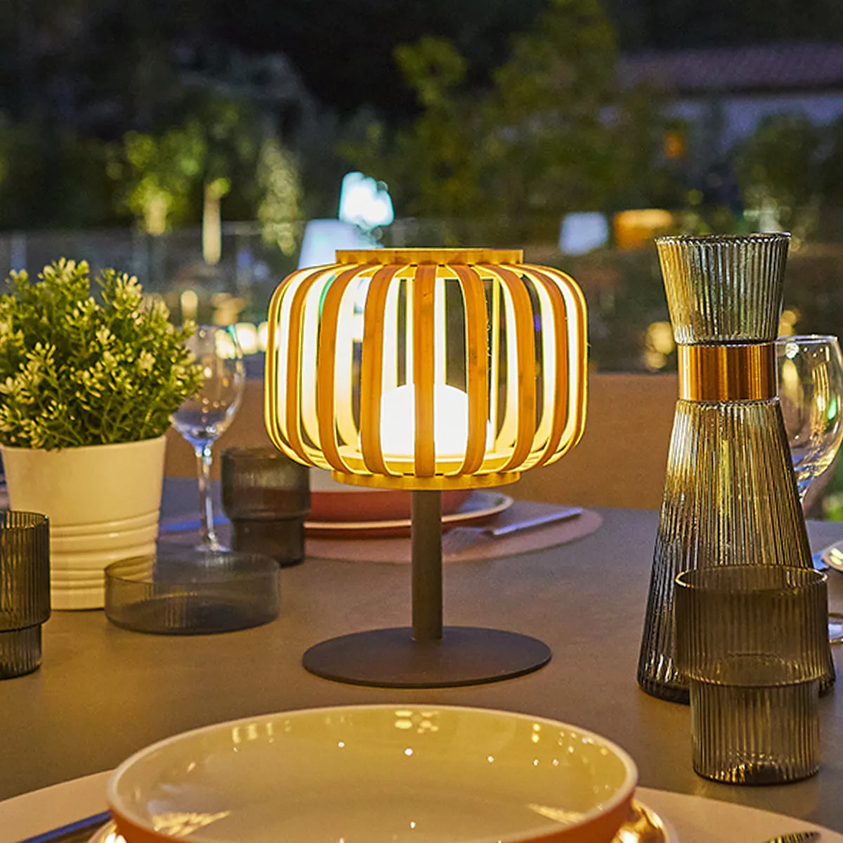 lampa de masa bambus fara fir wireless cu baterie reincarcabila de exterior ip65 LED restaurant hotel terasa [2]