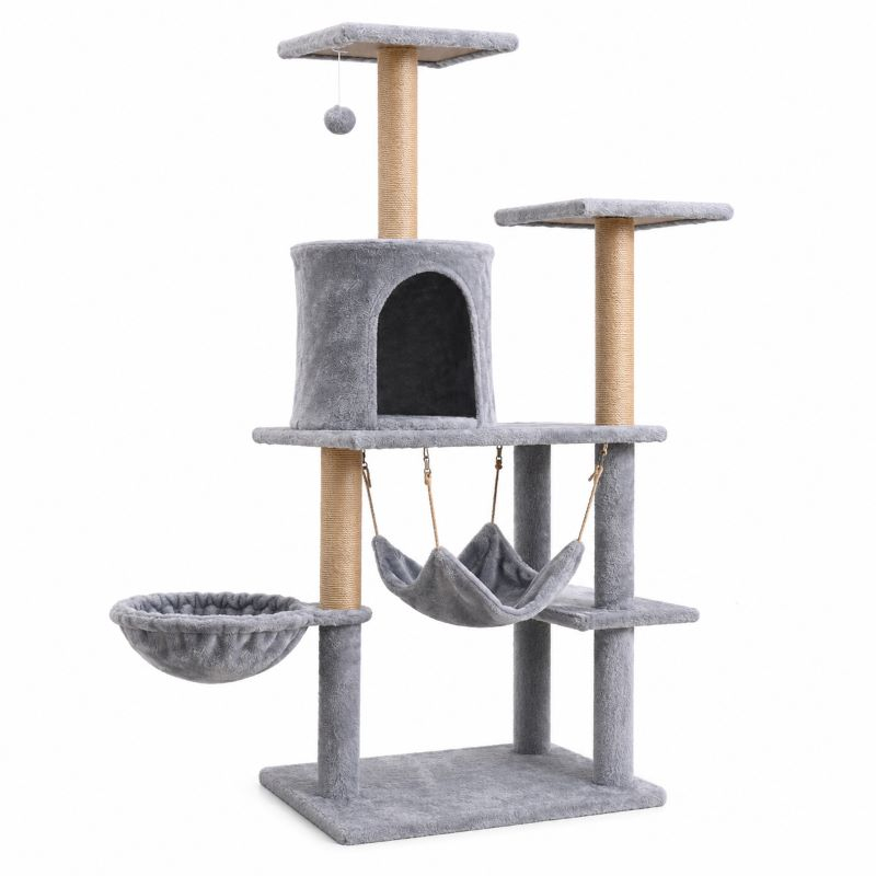 Ansamblu de catarat pentru pisici din lemn, înaltime 130 cm, design minimalist cu casuta, potrivit pentru toate anotimpurile, gri deschis/ gri inchis [5]