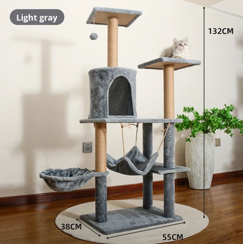 Ansamblu de catarat pentru pisici din lemn, înaltime 130 cm, design minimalist cu casuta, potrivit pentru toate anotimpurile, gri deschis/ gri inchis [4]
