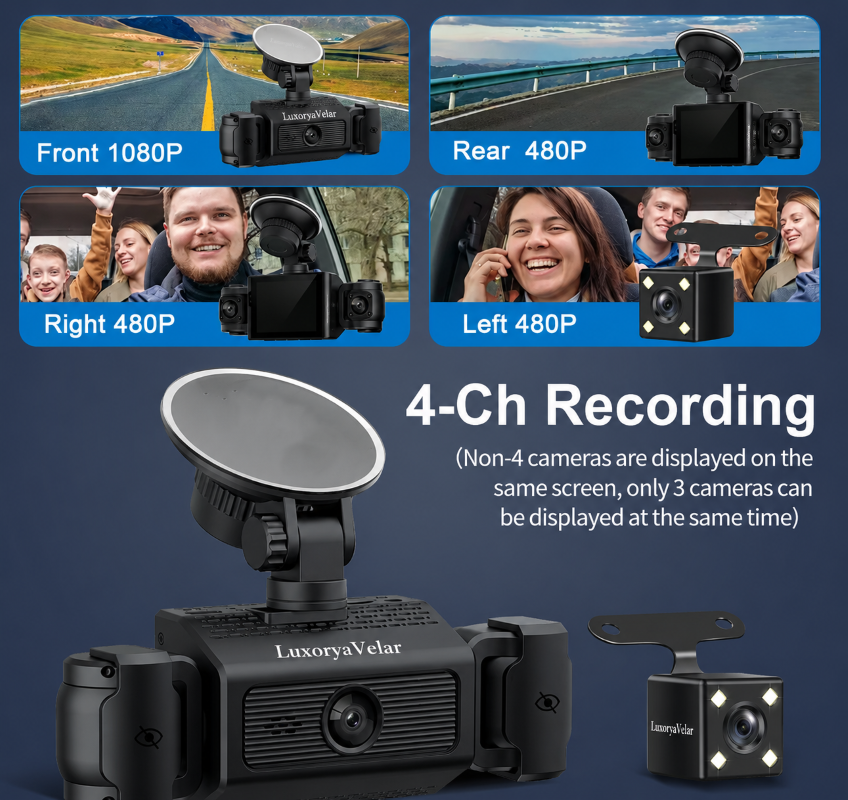 Camera auto de bord Marca Luxorya Velar™, Full HD 1080P, 4 canale, fata si spate interior, camera stanga dreapta pentru vedere nocturna WiFi si aplicatie, G-Sensor [6]