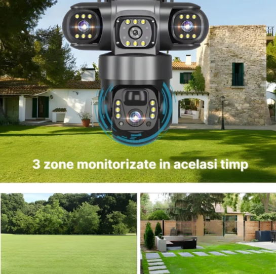 Cameră de securitate 4G cu 3 obiective și panou solar, rezoluție 6MP, vizualizare 360°, iluminare LED și alimentare solară [6]