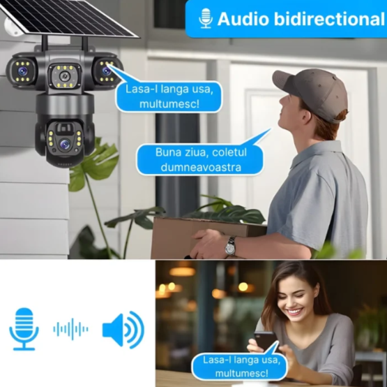 Cameră de securitate 4G cu 3 obiective și panou solar, rezoluție 6MP, vizualizare 360°, iluminare LED și alimentare solară [7]