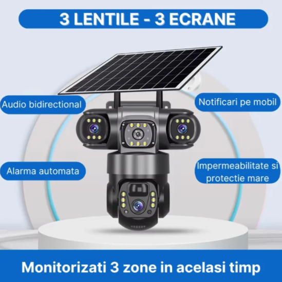 Cameră de securitate 4G cu 3 obiective și panou solar, rezoluție 6MP, vizualizare 360°, iluminare LED și alimentare solară [4]