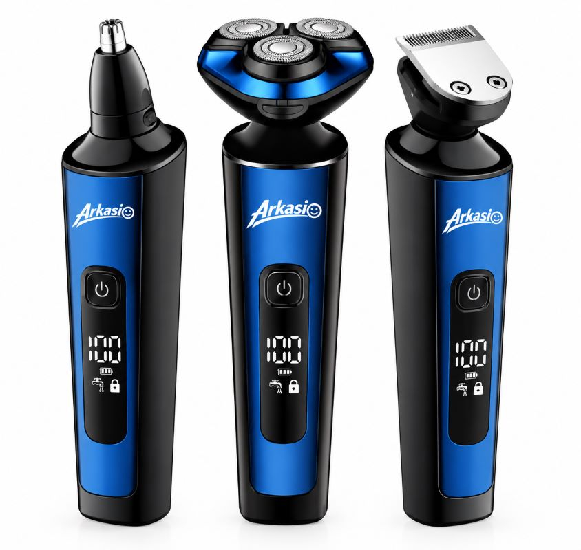 Aparat de tuns si ras Arkasio 4 in 1, electric pentru barbati reincarcabil IPX6, LED, 3 capete incluse Trimmer pentru Barba, Tuns si Nas, 3h Autonomie si Husa depozitare Cadou [4]
