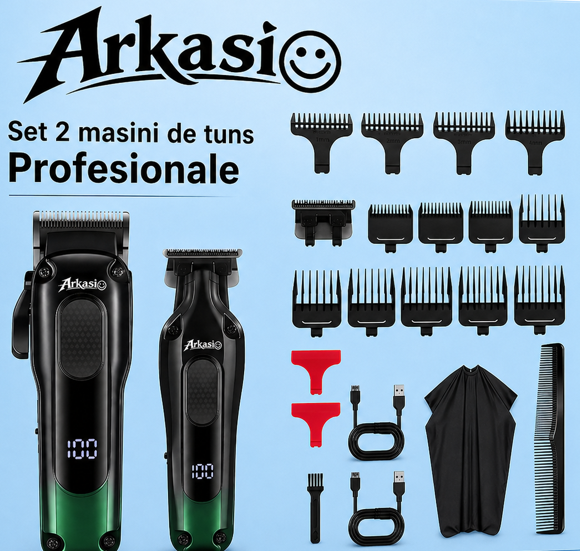Set 2x Masini de Tuns Profesionale Arkasio™ si un set de Foarfece (cadou) Fara Fir, Baterie Reincarcabila cu autonomie 2.5h si 1.5h si multipli piepteni [5]