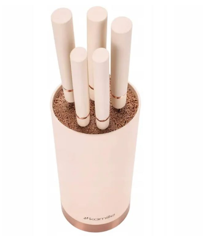 Set 5 bucati cutite bej, lame inox, cu suport [4]
