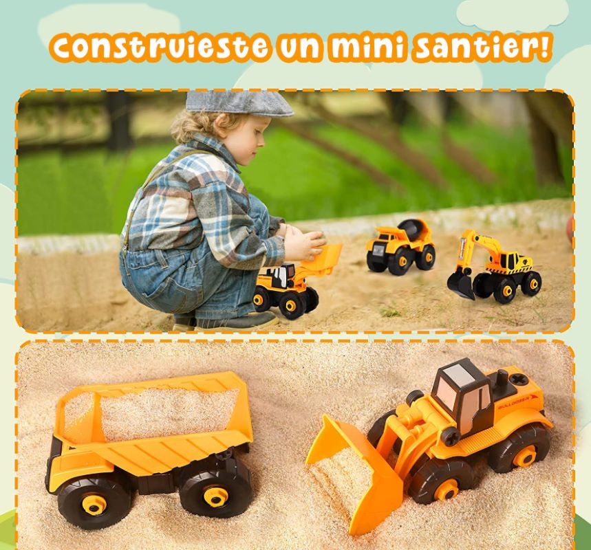 Set 6 Masini de Jucarie Engros, Vehicule de Constructii, Demontabile, Include Betoniera, Buldozer, Buldoexcavator, Camion, Excavator, Compactor, Surubelnita, Instructiuni si Cutie de Depozitare [7]