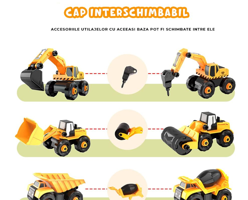 Set 6 Masini de Jucarie Engros, Vehicule de Constructii, Demontabile, Include Betoniera, Buldozer, Buldoexcavator, Camion, Excavator, Compactor, Surubelnita, Instructiuni si Cutie de Depozitare [5]