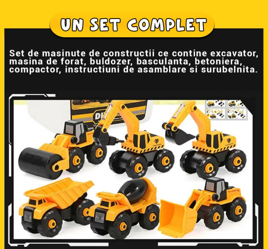 Set 6 Masini de Jucarie Engros, Vehicule de Constructii, Demontabile, Include Betoniera, Buldozer, Buldoexcavator, Camion, Excavator, Compactor, Surubelnita, Instructiuni si Cutie de Depozitare [6]
