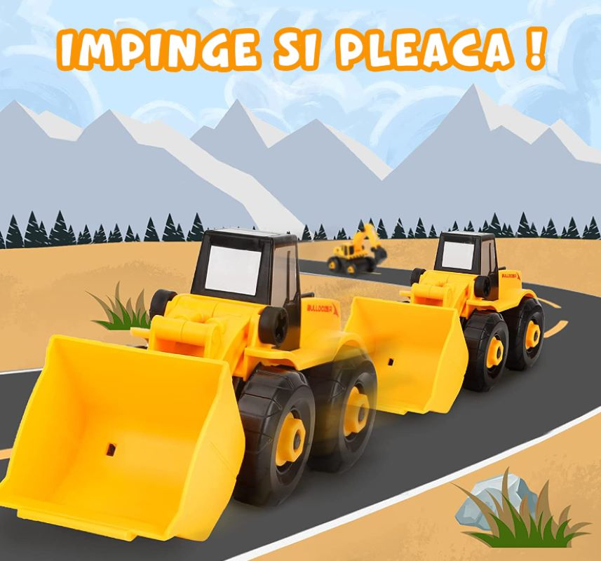 Set 6 Masini de Jucarie Engros, Vehicule de Constructii, Demontabile, Include Betoniera, Buldozer, Buldoexcavator, Camion, Excavator, Compactor, Surubelnita, Instructiuni si Cutie de Depozitare [10]