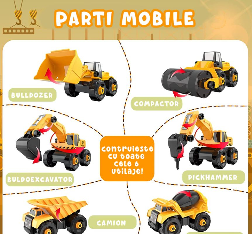 Set 6 Masini de Jucarie Engros, Vehicule de Constructii, Demontabile, Include Betoniera, Buldozer, Buldoexcavator, Camion, Excavator, Compactor, Surubelnita, Instructiuni si Cutie de Depozitare [2]