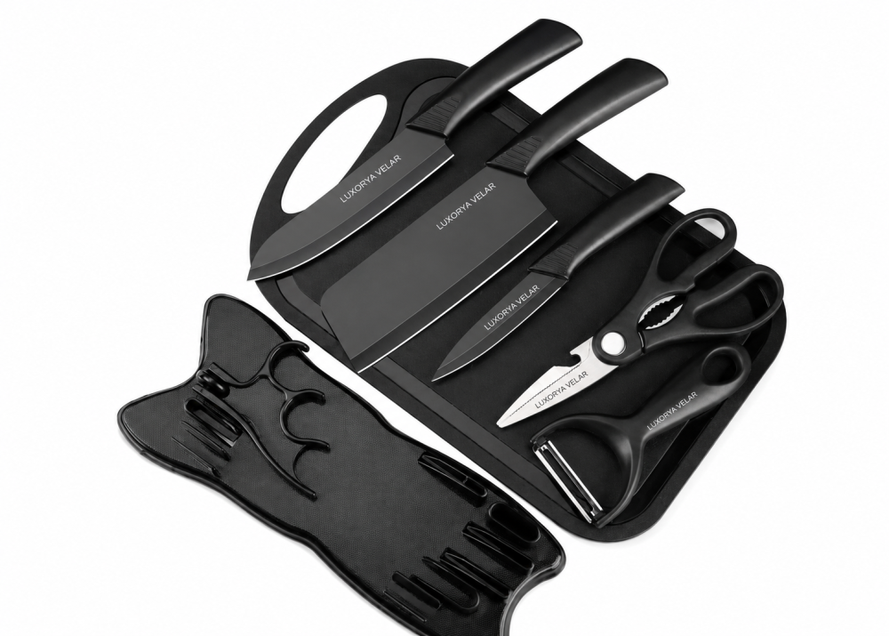 Set Bucătărie 7 Piese Marca Luxorya Velar™ cu Tocător, Cuțite și Foarfecă, Suport Inclus, Oțel Inoxidabil, Mânere Ergonomice, Model Profesional [4]