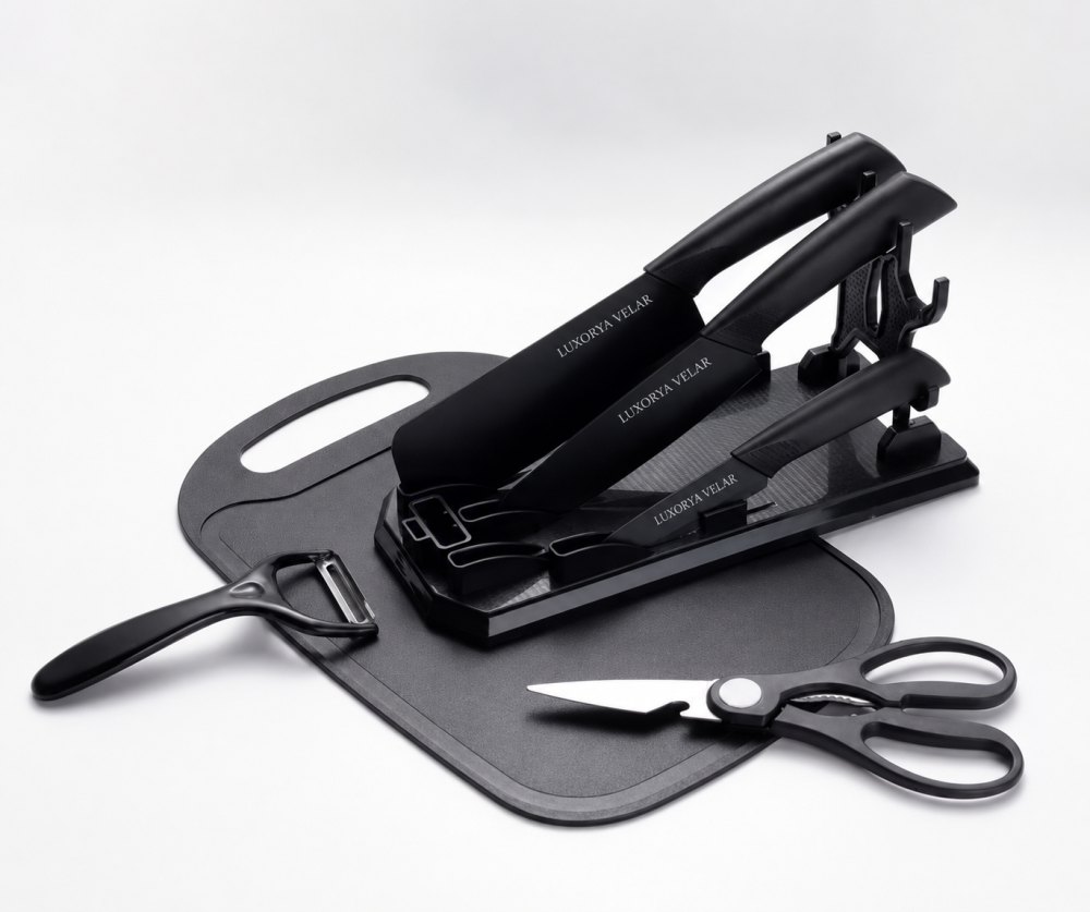 Set Bucătărie 7 Piese Marca Luxorya Velar™ cu Tocător, Cuțite și Foarfecă, Suport Inclus, Oțel Inoxidabil, Mânere Ergonomice, Model Profesional [3]
