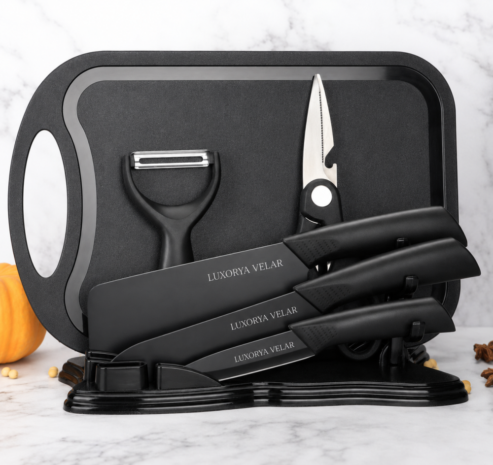 Set Bucătărie 7 Piese Marca Luxorya Velar™ cu Tocător, Cuțite și Foarfecă, Suport Inclus, Oțel Inoxidabil, Mânere Ergonomice, Model Profesional [2]