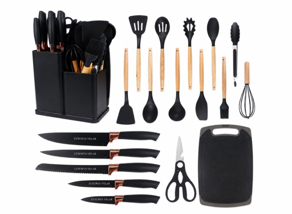 Set Bucătărie Marca Luxorya Velar™ 3 în 1 - 19 Piese Ustensile,Cuțite și Tocător [1]