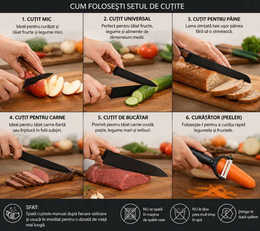 Set de 5 cutite de bucatarie si curatator legume, invelis marmura, maner ergonomic [3]