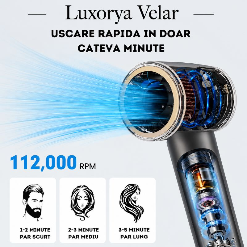 Uscator de par LUXORYA VELAR™ cu ioni negativi, de mare viteza, 4 Trepte de Temperatura, 3 Viteze, Silentios, Tehnologie Inovativa de Protectie a Parului, 5 Capete Magnetice Incluse, Gri sau Roz [7]