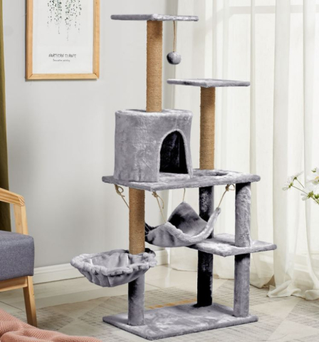 Produse - Ansamblu de catarat pentru pisici din lemn, înaltime 130 cm, design minimalist cu casuta, potrivit pentru toate anotimpurile, gri deschis/ gri inchis