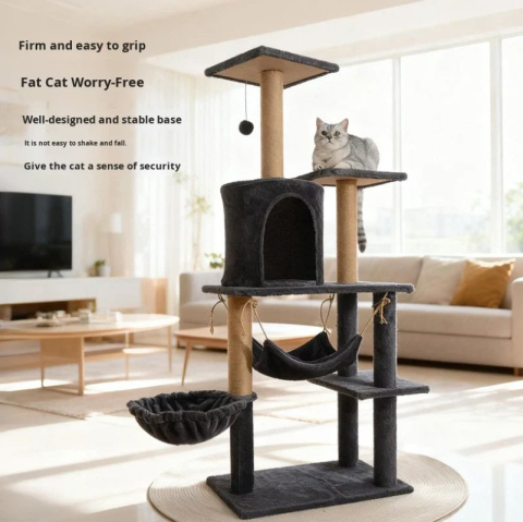 Ansamblu de catarat pentru pisici din lemn, înaltime 130 cm, design minimalist cu casuta, potrivit pentru toate anotimpurile, gri deschis/ gri inchis [2]