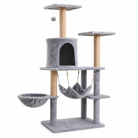Ansamblu de catarat pentru pisici din lemn, înaltime 130 cm, design minimalist cu casuta, potrivit pentru toate anotimpurile, gri deschis/ gri inchis [4]