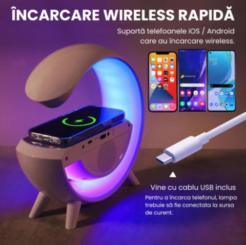 Boxa Audio - Boxa Portabila 4 in 1: Incarcare rapida Boxa Bluetooth, Radio, Lampa LED RGB, Ceas cu Alarma, Incarcare Wireless Telefon