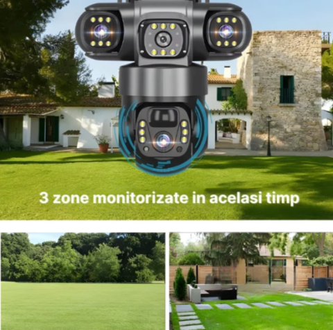 Cameră de securitate 4G cu 3 obiective și panou solar, rezoluție 6MP, vizualizare 360°, iluminare LED și alimentare solară [5]
