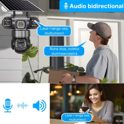 Cameră de securitate 4G cu 3 obiective și panou solar, rezoluție 6MP, vizualizare 360°, iluminare LED și alimentare solară [6]