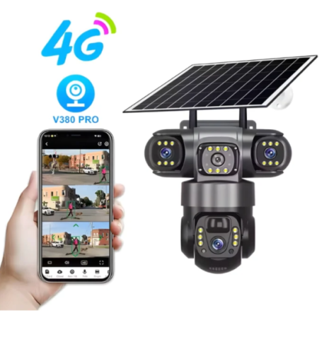 Cameră de securitate 4G cu 3 obiective și panou solar, rezoluție 6MP, vizualizare 360°, iluminare LED și alimentare solară