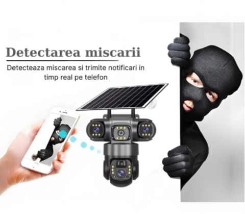 Cameră de securitate 4G cu 3 obiective și panou solar, rezoluție 6MP, vizualizare 360°, iluminare LED și alimentare solară [4]