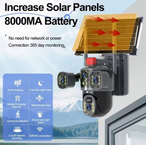Cameră de Supraveghere cu panou Solar 4G 12MP, 3 Lentile, PTZ 360°, Zoom 10X, Night Vision Color, Audio Bidirecțional, Alarmă [6]