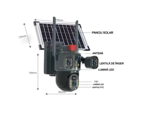 Cameră de Supraveghere cu panou Solar 4G 12MP, 3 Lentile, PTZ 360°, Zoom 10X, Night Vision Color, Audio Bidirecțional, Alarmă [2]