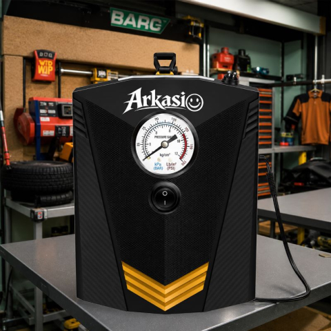 Compresor de aer portabil Marca Arkasio™ Plus un set chit reparatii anvelopa CZK-3634, 12V DC, cu afișaj analogic, pentru umflarea anvelopelor auto [2]