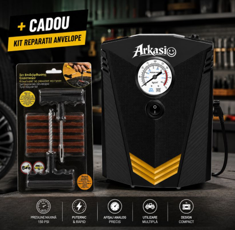Compresor de aer portabil Marca Arkasio™ Plus un set chit reparatii anvelopa CZK-3634, 12V DC, cu afișaj analogic, pentru umflarea anvelopelor auto [4]