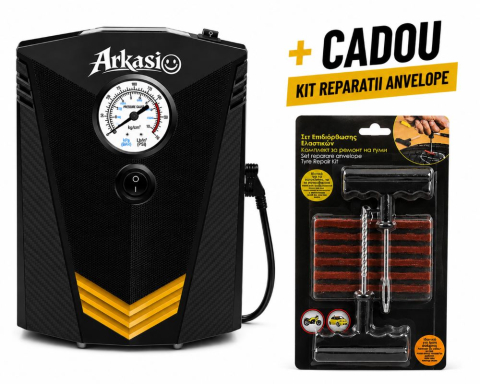 Auto - Compresor de aer portabil Marca Arkasio™ Plus un set chit reparatii anvelopa CZK-3634, 12V DC, cu afișaj analogic, pentru umflarea anvelopelor auto