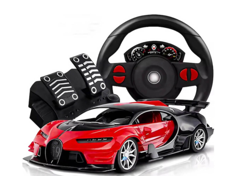 Gaming - Masinuta cu telecomanda, Model Bugatti, Set cu pedale si volan, Design Sportiv, Jucarie Cadou Ideal pentru Copii si Adulti +5 ani, Rosu