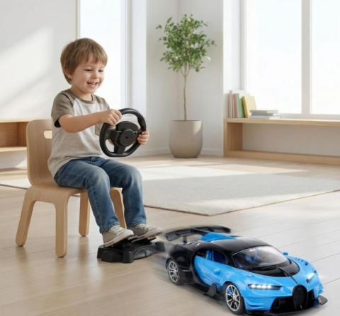 Masinuta cu telecomanda, Model Bugatti Chiron, Set cu pedale si volan, Design Sportiv, Jucarie Cadou Ideal pentru Copii si Adulti +5 ani, Albastru [3]