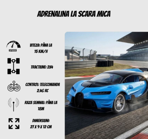 Masinuta cu telecomanda, Model Bugatti Chiron, Set cu pedale si volan, Design Sportiv, Jucarie Cadou Ideal pentru Copii si Adulti +5 ani, Albastru [2]