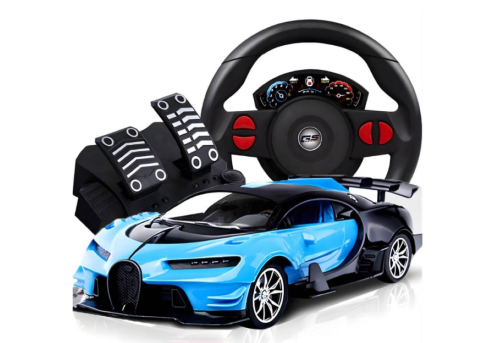 Gaming - Masinuta cu telecomanda, Model Bugatti Chiron, Set cu pedale si volan, Design Sportiv, Jucarie Cadou Ideal pentru Copii si Adulti +5 ani, Albastru