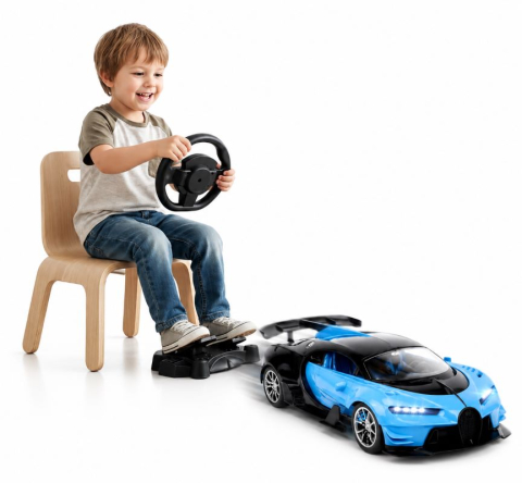 Masinuta cu telecomanda, Model Bugatti Chiron, Set cu pedale si volan, Design Sportiv, Jucarie Cadou Ideal pentru Copii si Adulti +5 ani, Albastru [8]