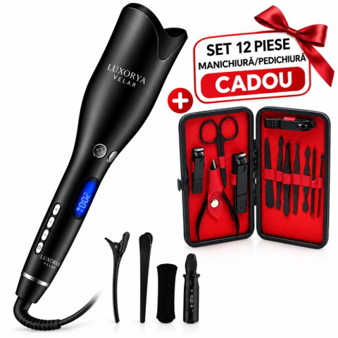 Fashion - Ondulator de Par Rotativ Automat LUXORYA VELAR din Ceramica,4 trepte temperatura 170–230°C, 2 directii rotative, tehnologie cu ioni negativi, bucle fara frizz, 3 clame + un set de 12 pieste meni/pedi 